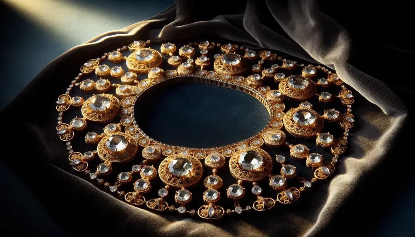 Elegant golden necklace with faceted clear gemstones and a prominent central stone, displayed on a dark velvet background, showcasing luxury craftsmanship.