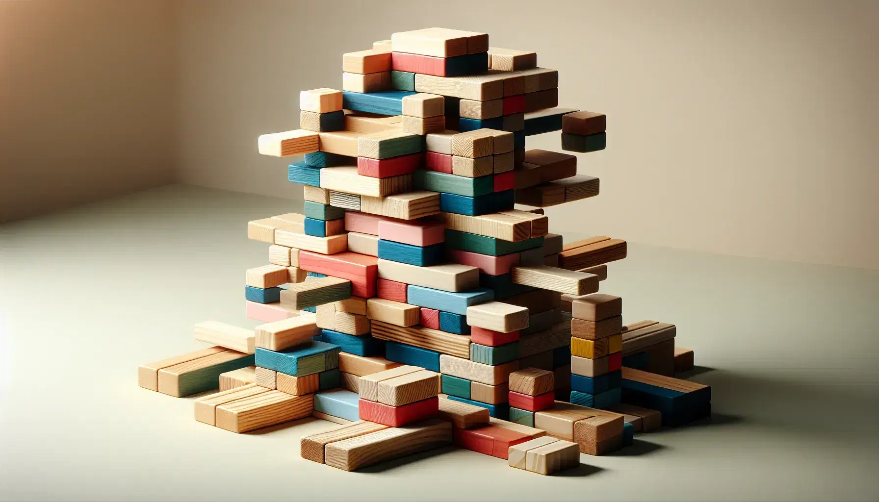 Torre de bloques de madera de colores y tamaños variados, con base ancha y diseño que se estrecha hacia arriba, en fondo neutro.
