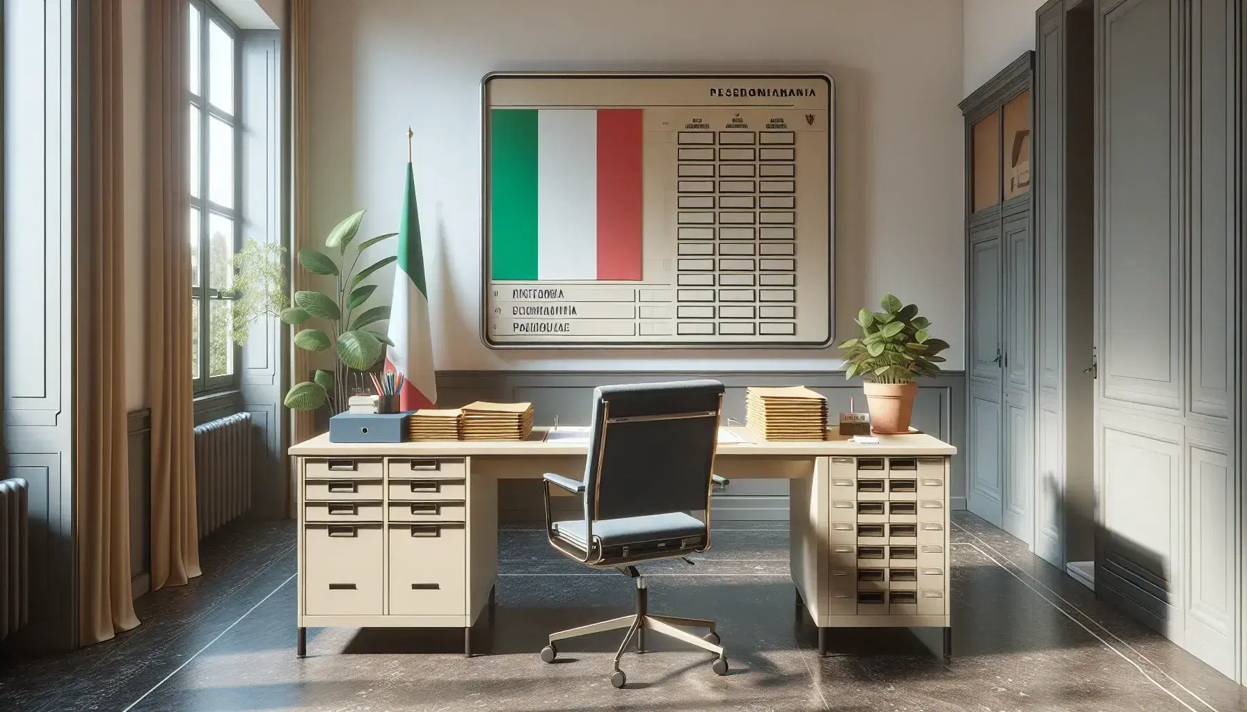 Ufficio pubblico italiano con scrivania in legno, sedie ergonomiche, bandiera italiana, lavagna bianca e finestra aperta su cielo azzurro.