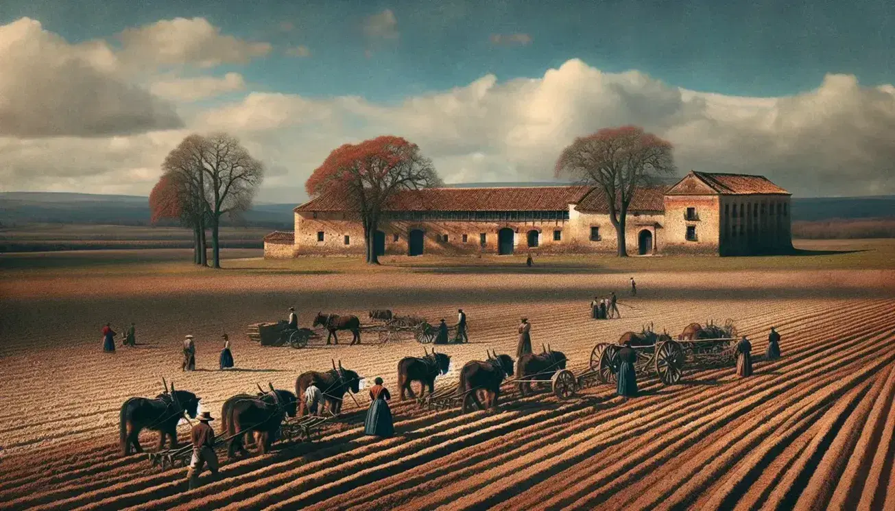 Paisaje rural con campo arado y personas en ropa histórica trabajando la tierra junto a animales de tiro cerca de un edificio de piedra antiguo bajo un cielo azul.