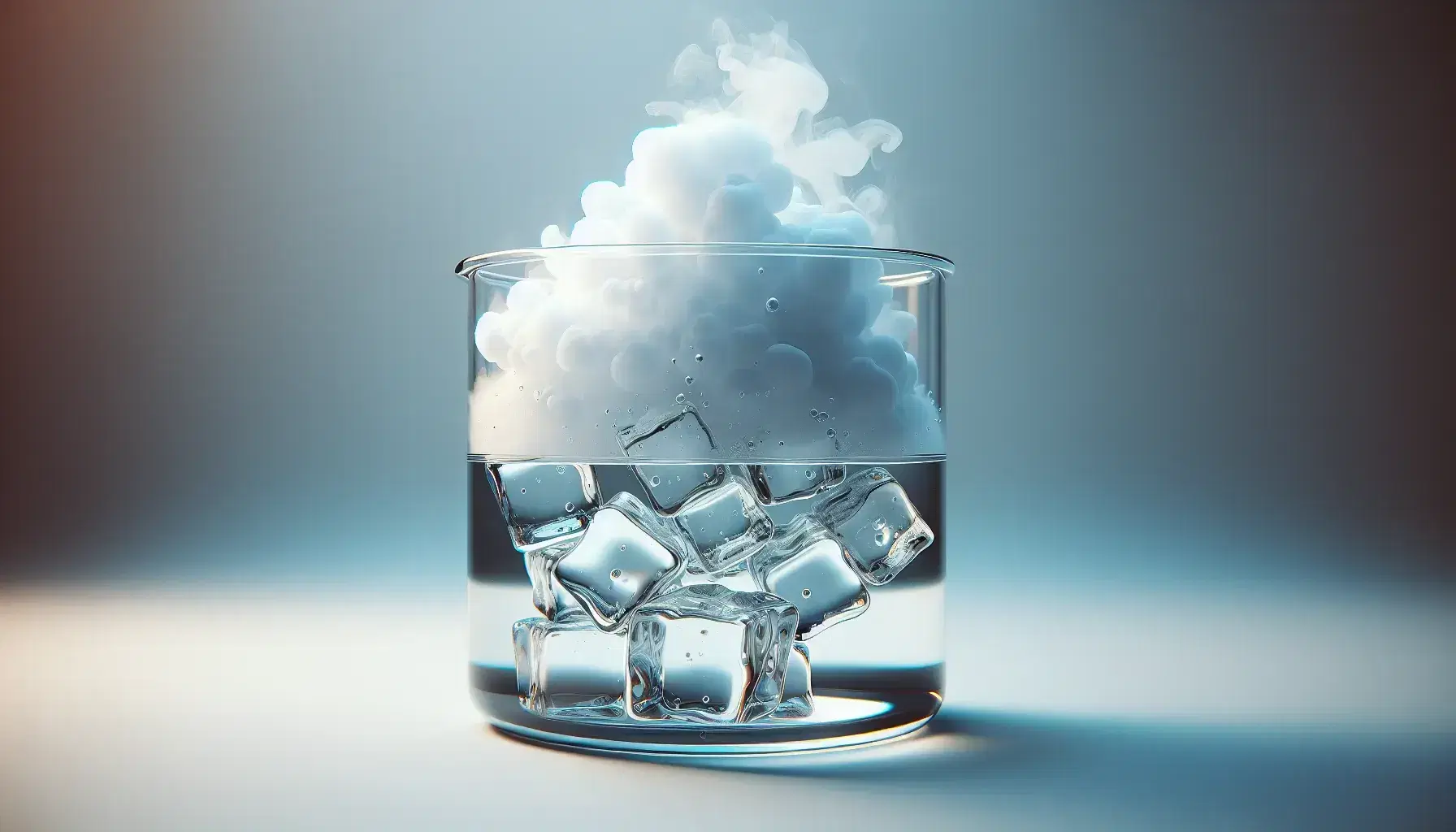 Glass beaker with ice cubes, liquid water and steam rising on light blue to white gradient background.