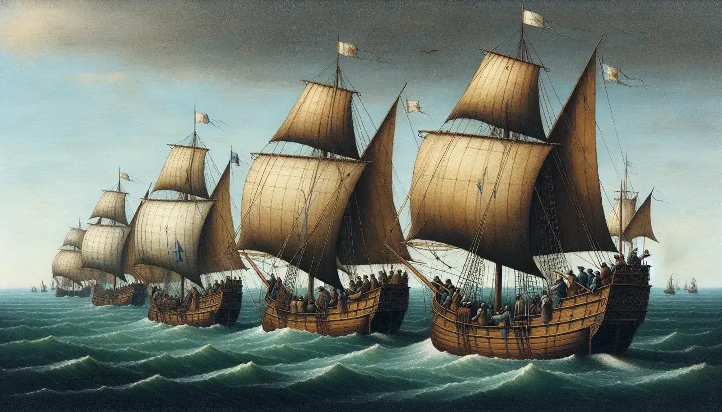 Flotta di navi medievali delle repubbliche marinare italiane naviga su acque calme con vele bianche al vento e marinai al lavoro.