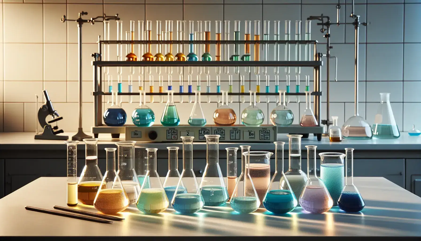 Tidy laboratory with glass beakers and colored gradation liquids, flasks on unlit heating mantle, mortar and safety glasses.