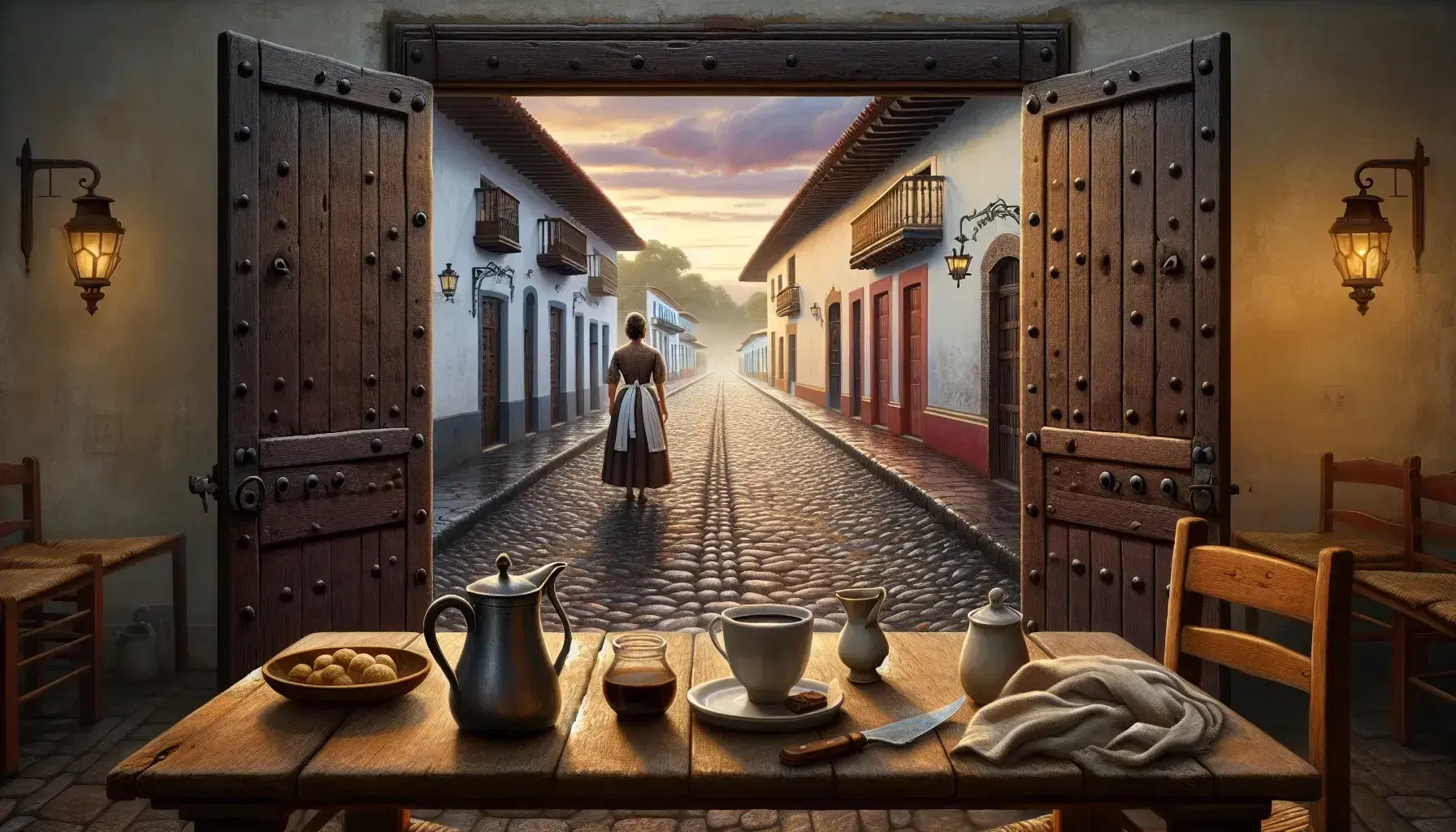 Amanecer en pueblo colonial con calle empedrada, casas de paredes blancas y tejados rojos, mujer preocupada en puerta y mesa con café y pan.