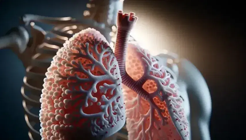 Detailed anatomical model of human lung with bronchial tree, bronchi and bronchioles leading into alveoli, on ribs background.