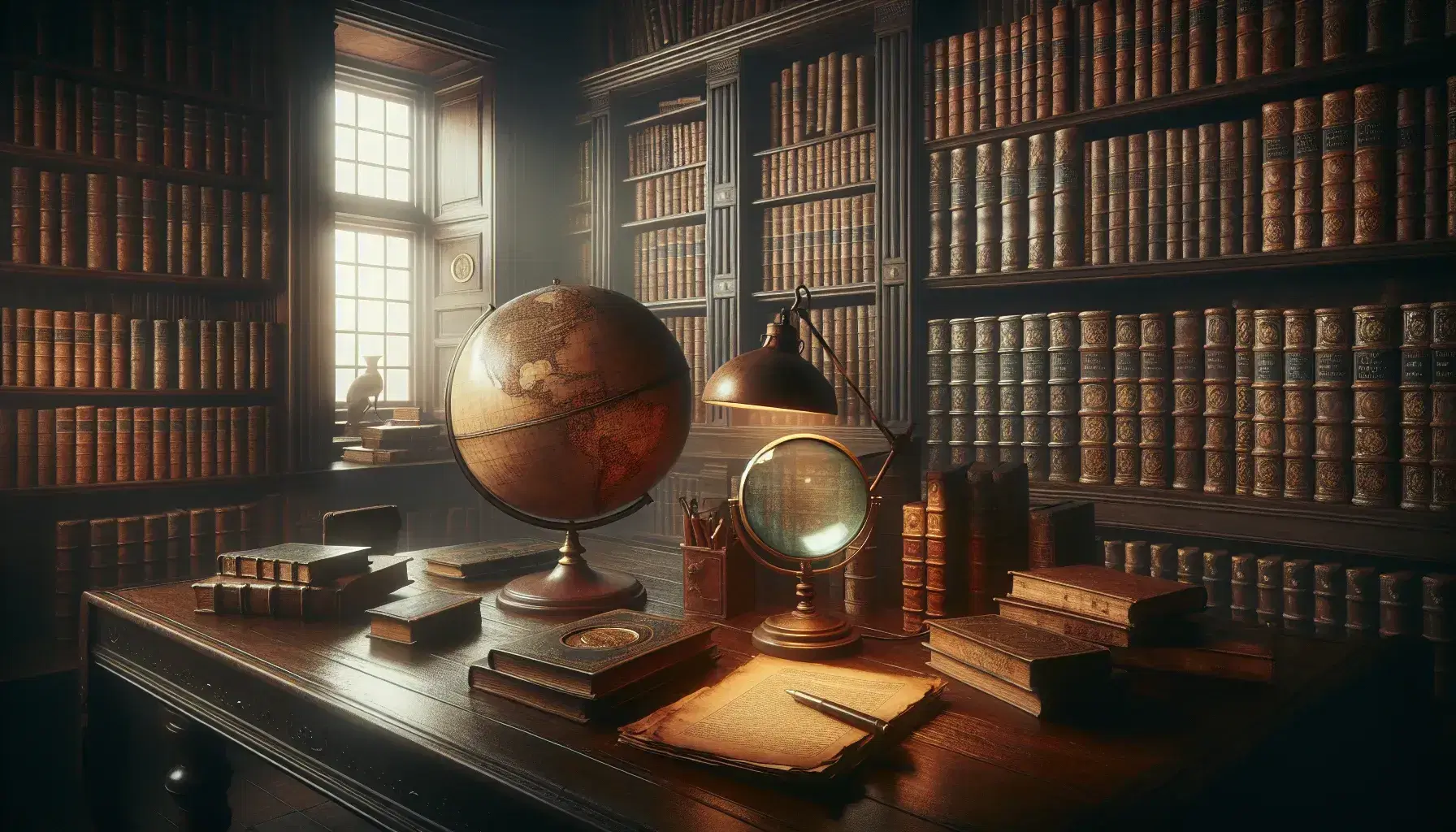 Biblioteca antigua con estanterías de madera oscura llenas de libros encuadernados en cuero, mesa central con globo terráqueo antiguo, lupa y papeles amarillentos bajo luz cálida.