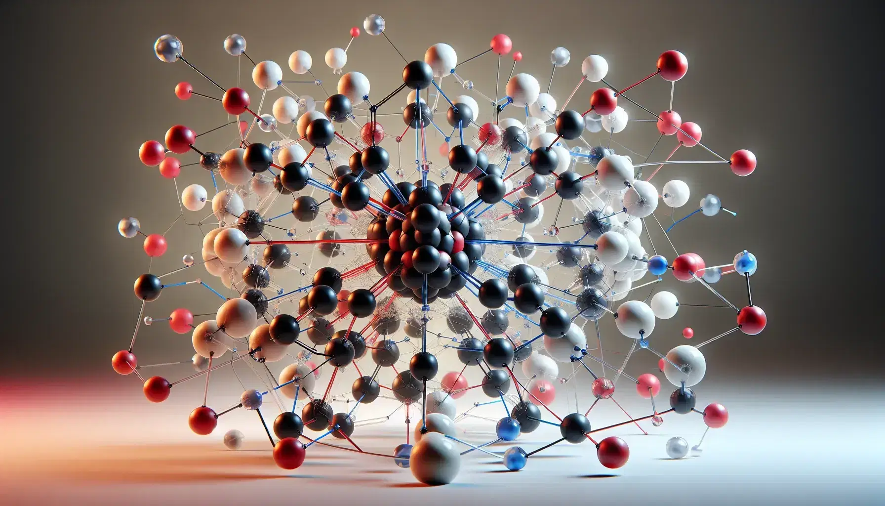Estructura molecular tridimensional con esferas de colores conectadas por varillas, destacando una esfera central negra rodeada de esferas blancas y rojas.