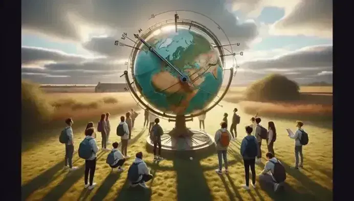 Estudiantes al aire libre rodean un globo terráqueo en un campo abierto, uno con brújula en mano, bajo un cielo parcialmente nublado con sol visible.