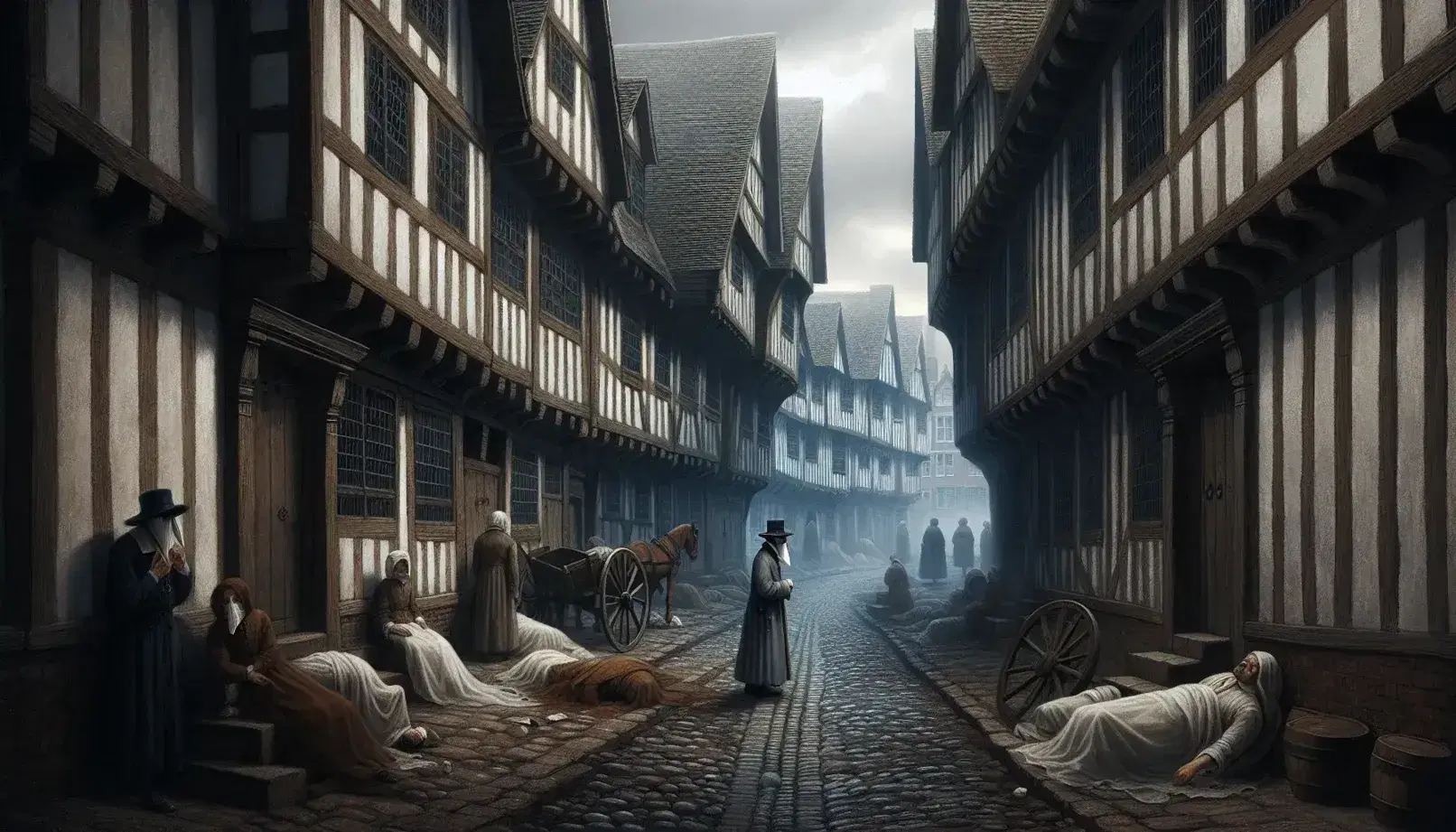 17th-century London cobblestone street with timber-framed buildings, a plague doctor, ill individuals, and a cart carrying bodies.