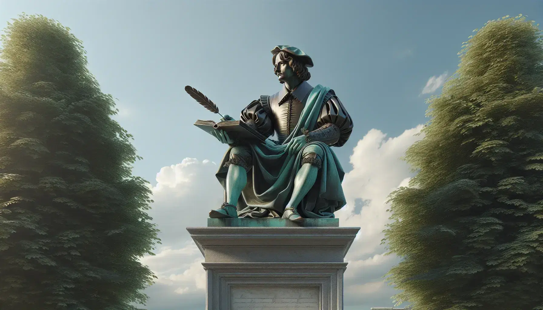 Estatua de bronce de hombre del siglo XVI en pose pensativa con pluma y libro abierto, sobre pedestal de piedra, entre árboles verdes bajo cielo azul con nubes.