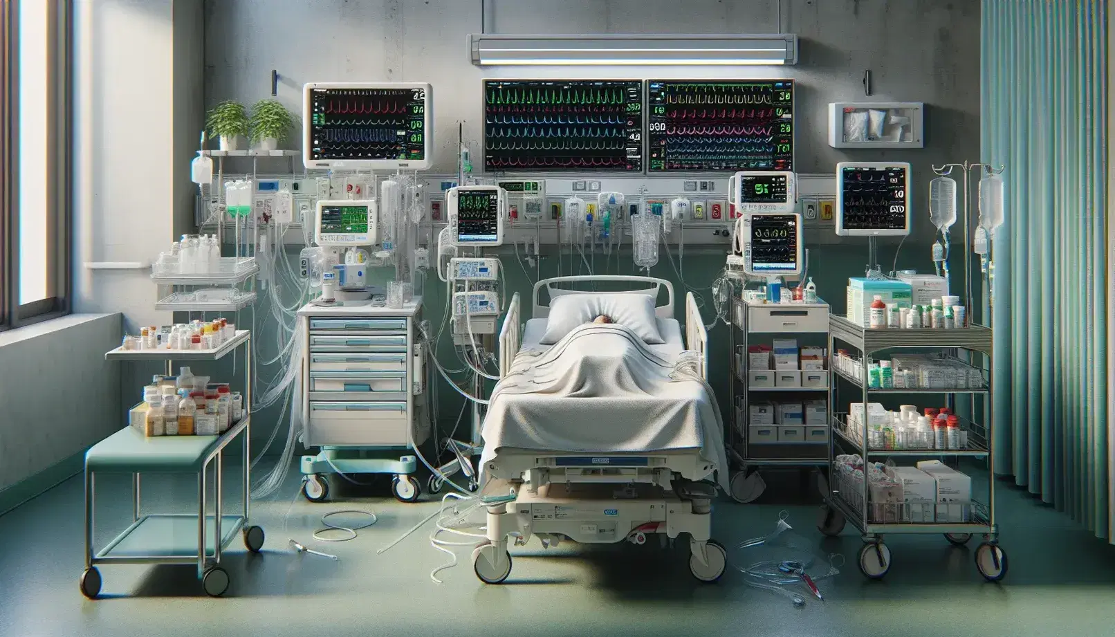 Paciente en cama de hospital de UCI conectado a monitores y ventilador mecánico, con carro de medicamentos y silla metálica al lado.