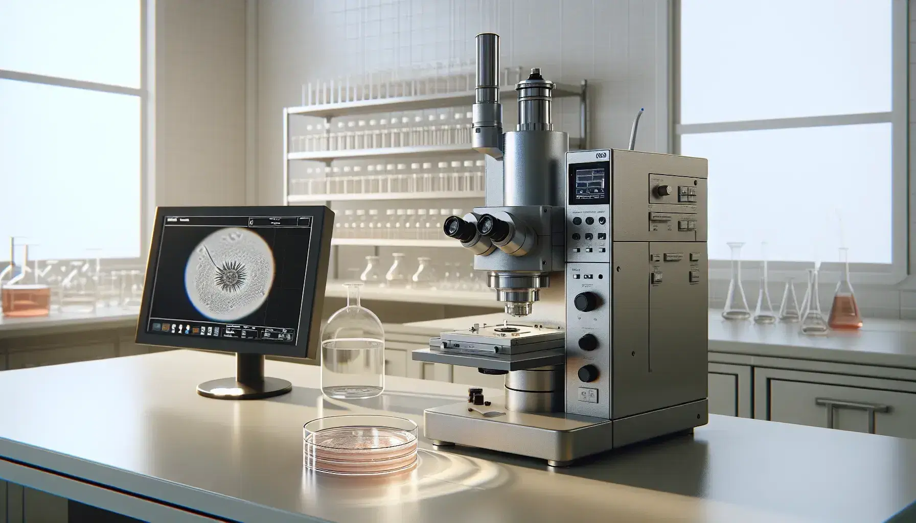 Microscopio elettronico a trasmissione grigio metallico su tavolo da laboratorio con Petri contenente tessuto biologico e monitor collegato.