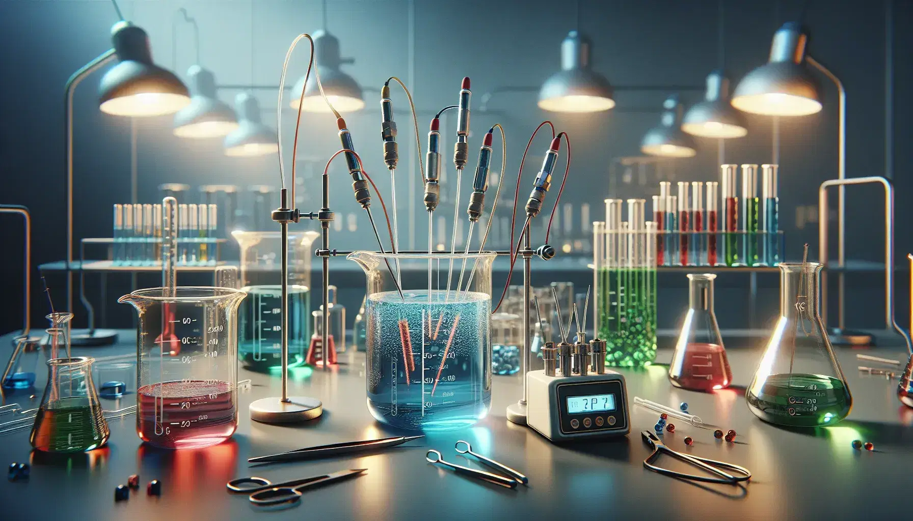 Laboratorio scientifico con provette trasparenti piene di liquidi colorati, elettrodi collegati a un voltmetro e strumenti di laboratorio su un banco di lavoro.