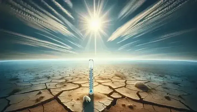 Paesaggio diviso tra cielo azzurro con sole radiante e terreno arido con termometro e orso polare fuori contesto, simbolo di riscaldamento globale.
