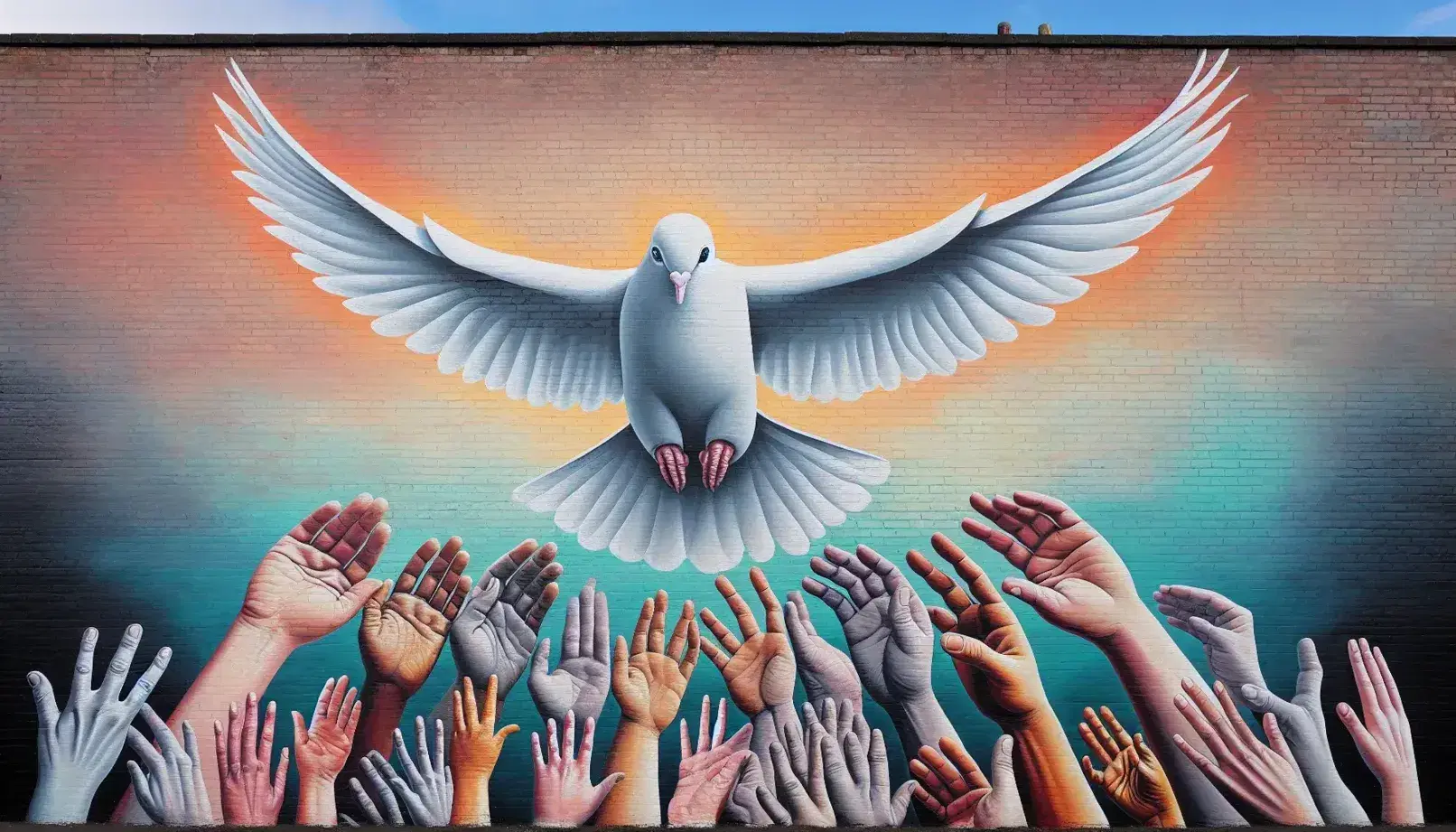 Peace mural with a white dove in flight surrounded by diverse outstretched hands against a gradient blue to green background on a brick wall in Northern Ireland.