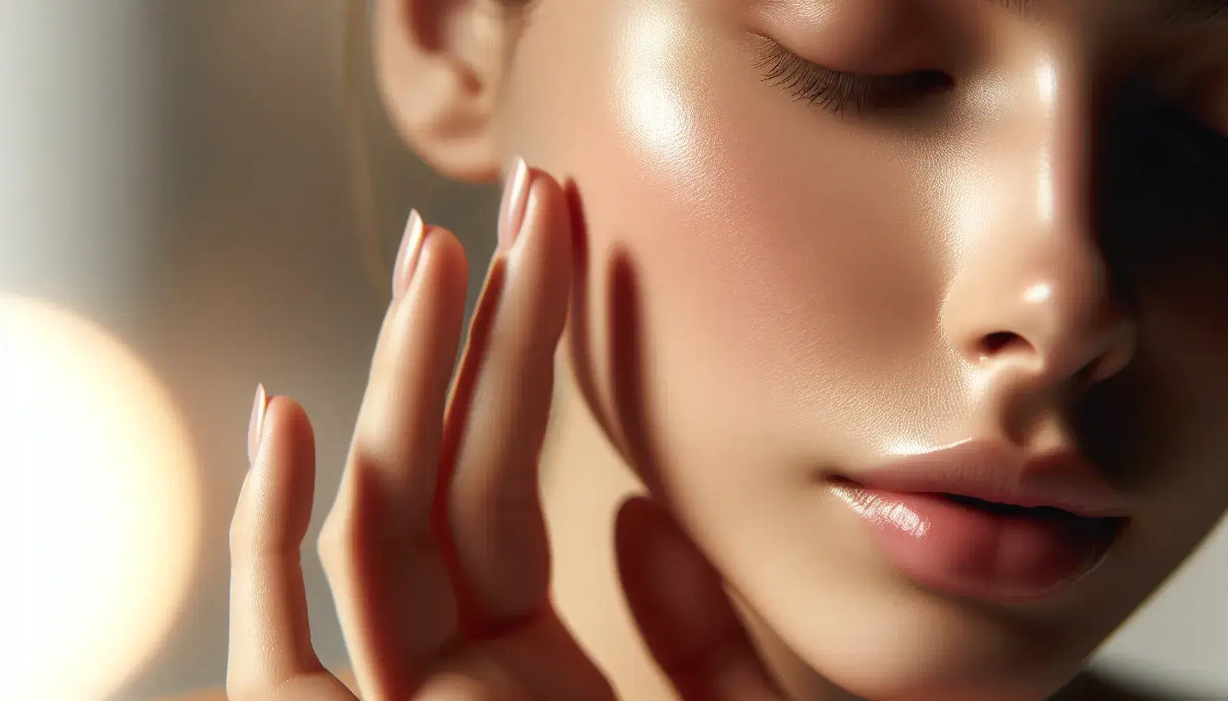 Primer plano de piel facial saludable con mano aplicando cuidado de la piel, mostrando textura natural y tono uniforme en un fondo suave y neutro.
