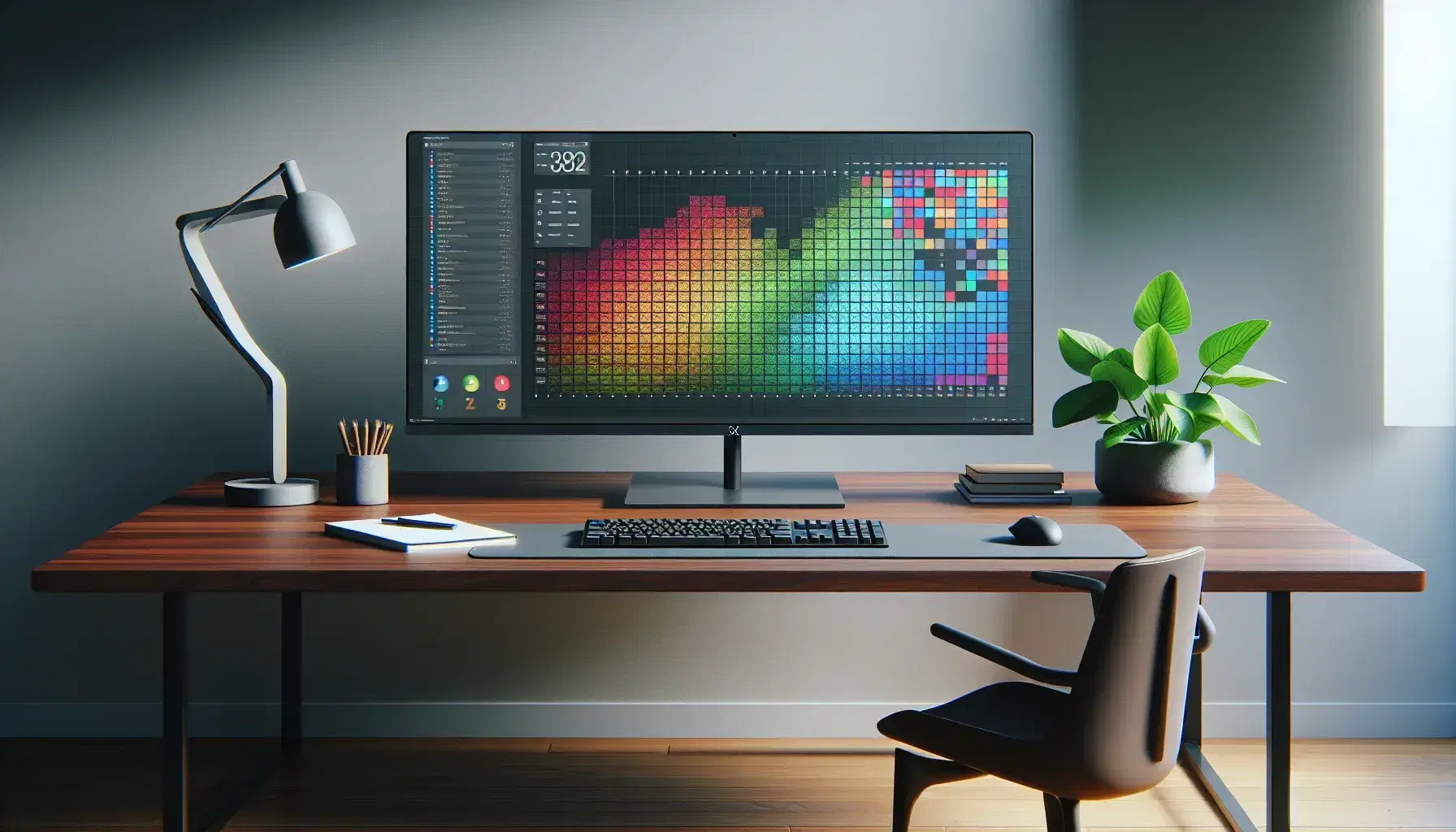 Modern computer station with monitor, wireless keyboard, mouse, green plant and white table lamp on wooden desk in bright room.