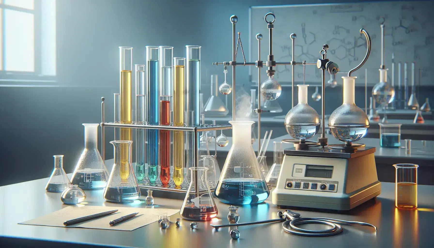 Laboratorio de química con tubos de ensayo de colores, matraces Erlenmeyer, quemador Bunsen y balanza analítica.