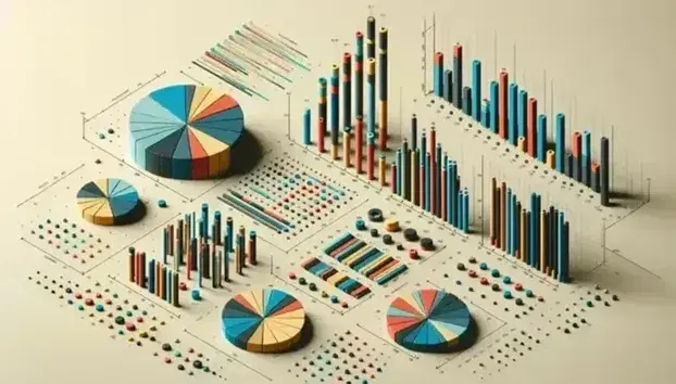 Gráficos estadísticos con pasteles segmentados en colores y barras verticales junto a un diagrama de dispersión con puntos coloridos, sin texto descriptivo.