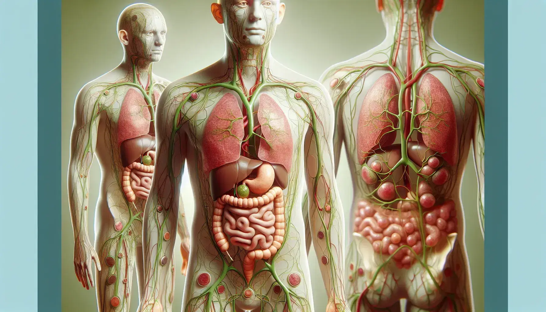 Representación anatómica del sistema linfático humano con vasos linfáticos en verde, nódulos en áreas clave y bazo en verde oscuro, sobre fondo neutro.