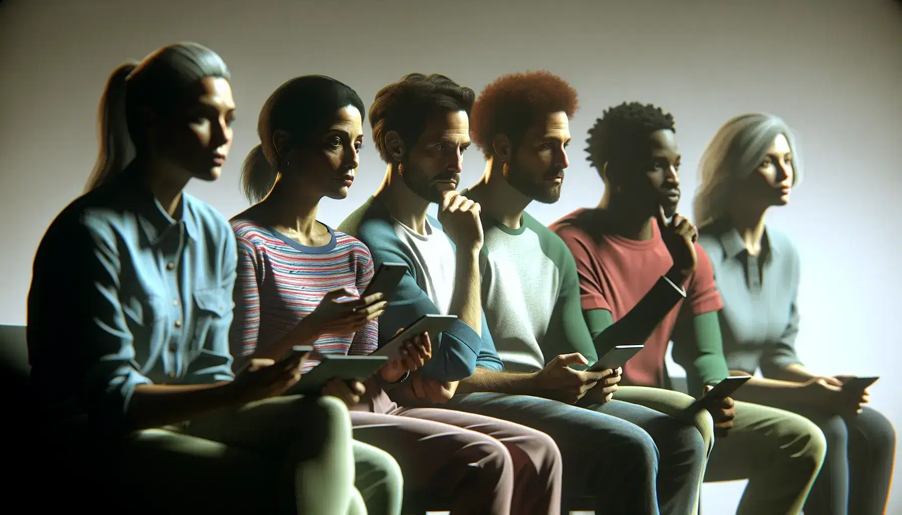Assorted multi-ethnic group sitting in a semi-circle, focused on a point outside the frame, with electronic devices turned on in their hands.