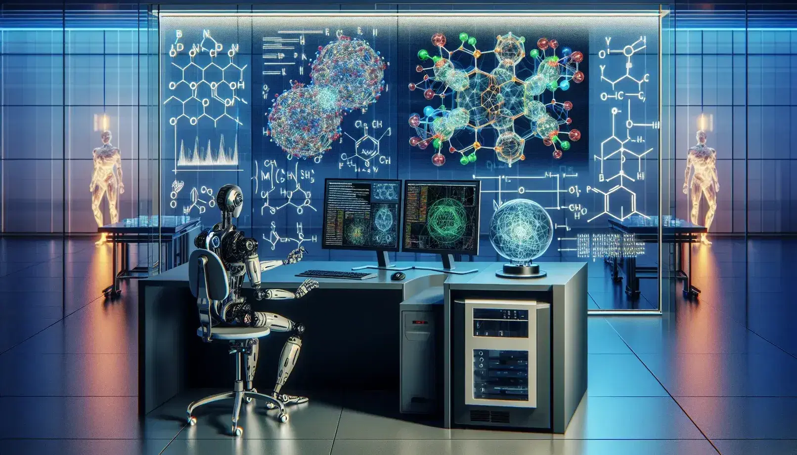 Modern scientific computing environment with workstation and dual monitors showing 3D molecular structures, glass whiteboard and robot manipulating a molecular puzzle.