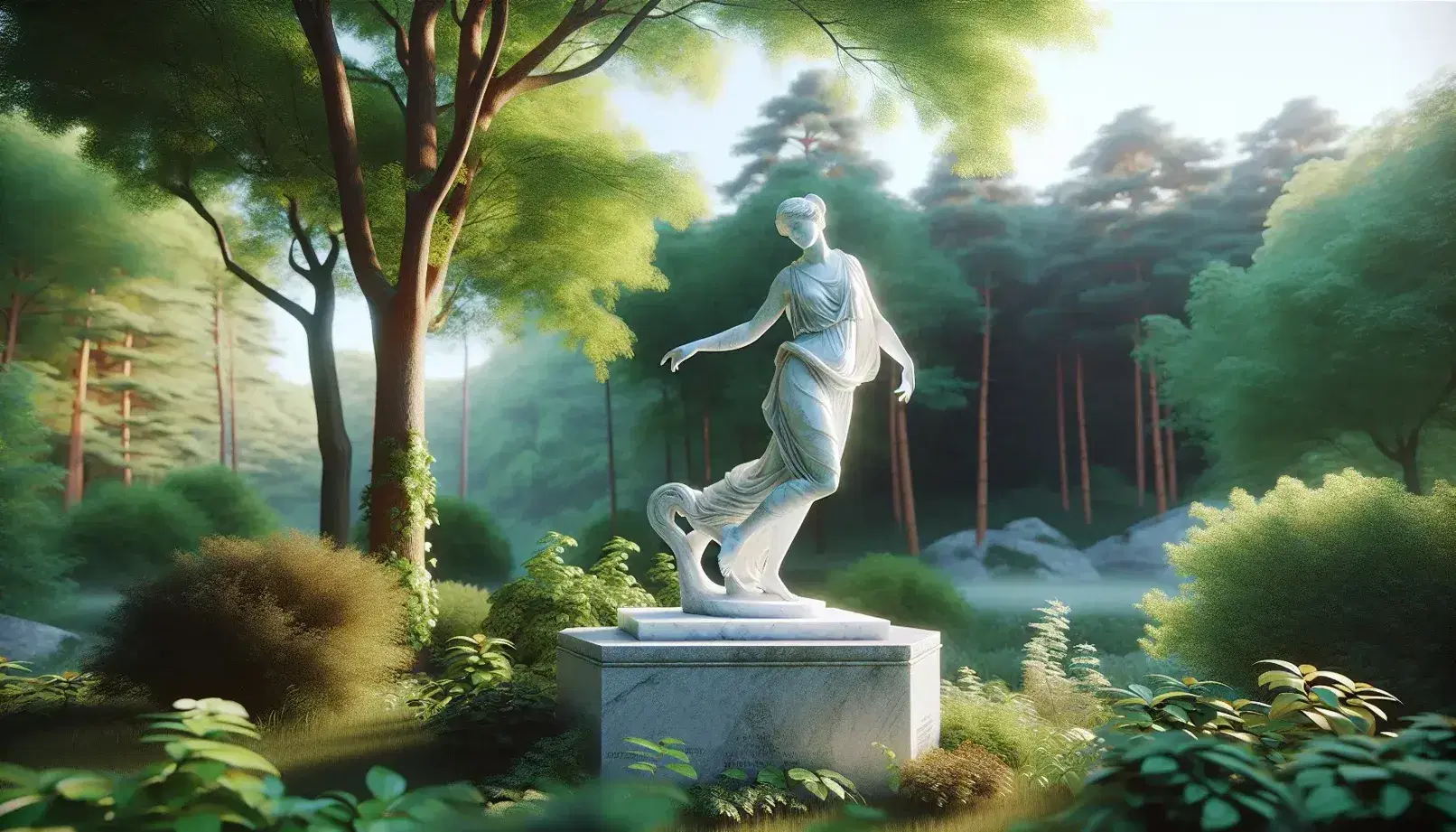 Escultura de mármol blanco de figura femenina en pose clásica entre vegetación verde, sobre pedestal de piedra con musgo, bajo luz solar filtrada y cielo azul.