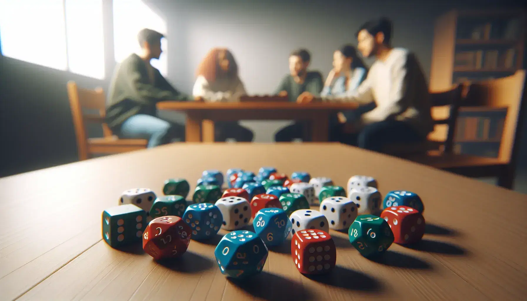 Mesa de madera clara con dados de seis caras en colores rojo, azul, verde y blanco, algunos agrupados, en un ambiente de juego con personas concentradas al fondo.