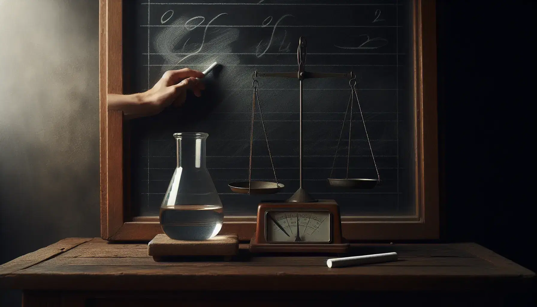 Close-up view of a clean blackboard with chalk dust, a hand holding chalk near a beaker with liquid, and an unused metallic balance scale on a desk.