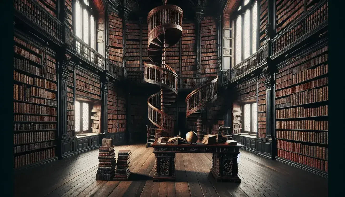Biblioteca antica con scaffali in legno scuro e libri rilegati, scala a chiocciola centrale, luce naturale da finestra ad arco e scrivania con globo.
