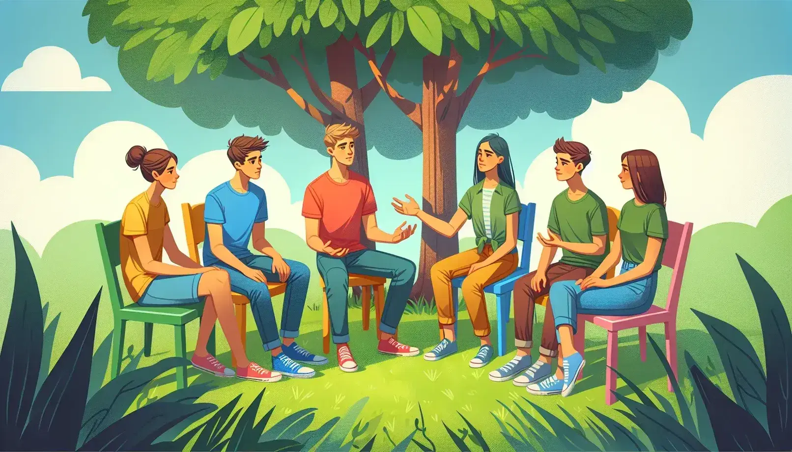 Cinque adolescenti siedono in cerchio su sedie colorate in un parco, conversando sotto un albero, circondati da erba e fiori variopinti.