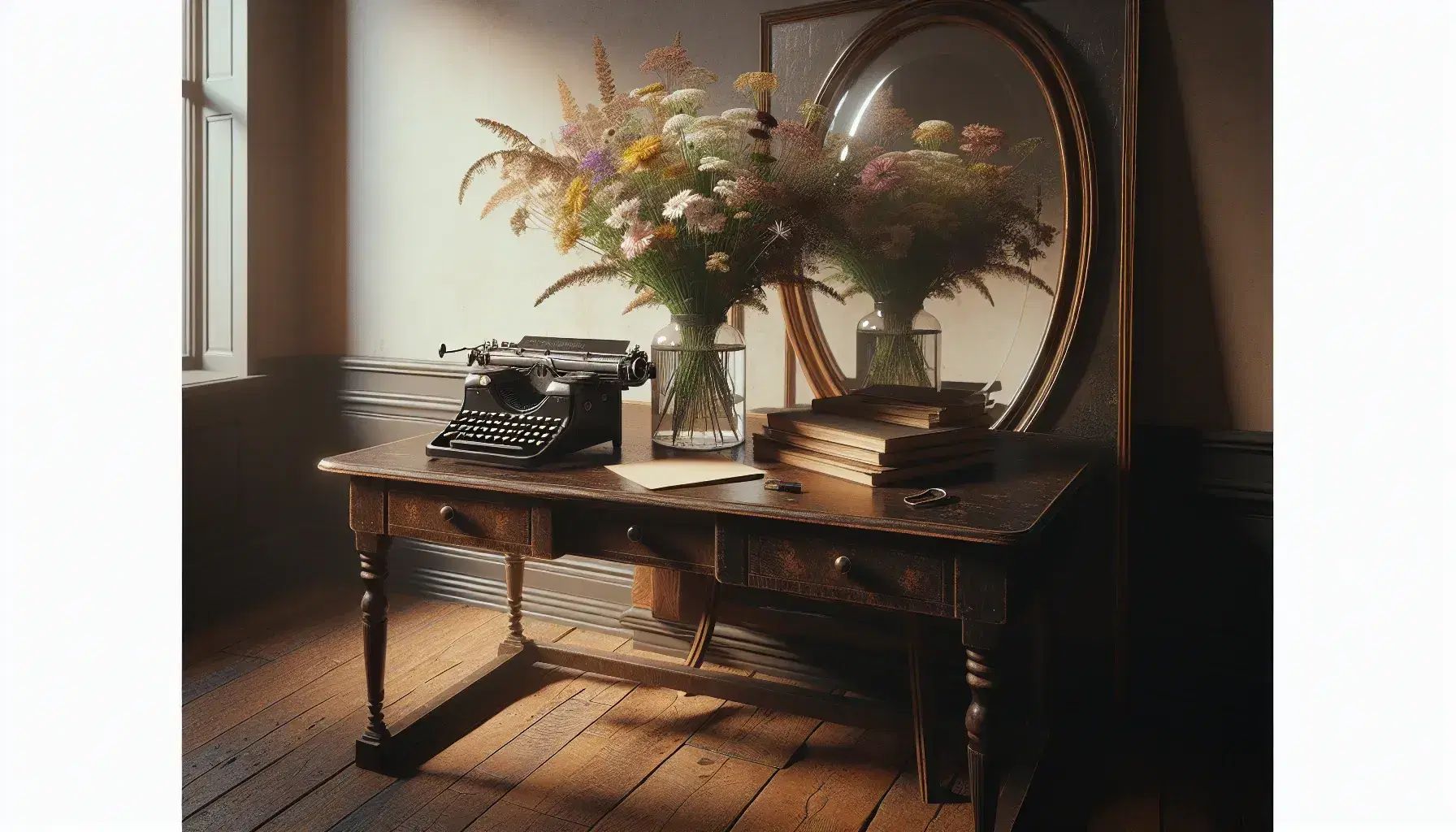 Scrivania in legno scuro con macchina da scrivere antica e vaso di fiori selvatici accanto a uno specchio ovale dorato.