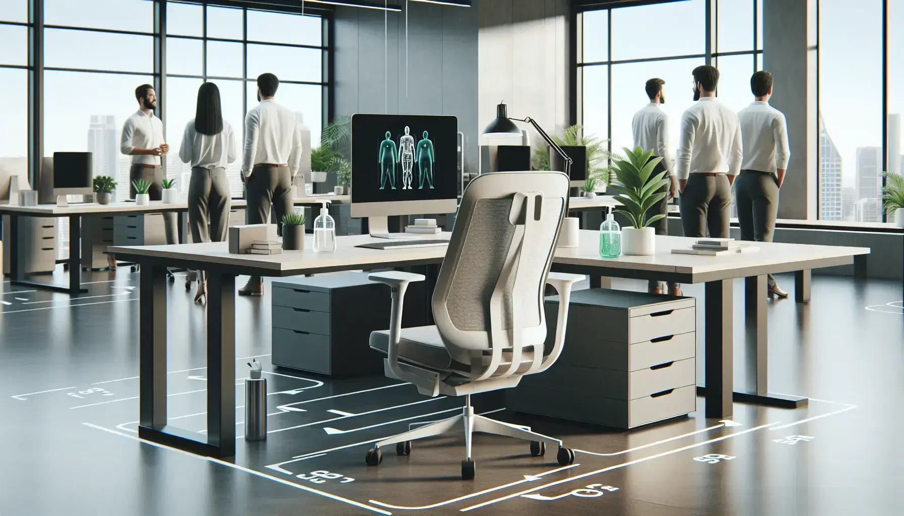 Oficina moderna y espaciosa con estación de trabajo ergonómica, trabajadores manteniendo distancia social y planta verde, iluminación natural y sin símbolos visibles.