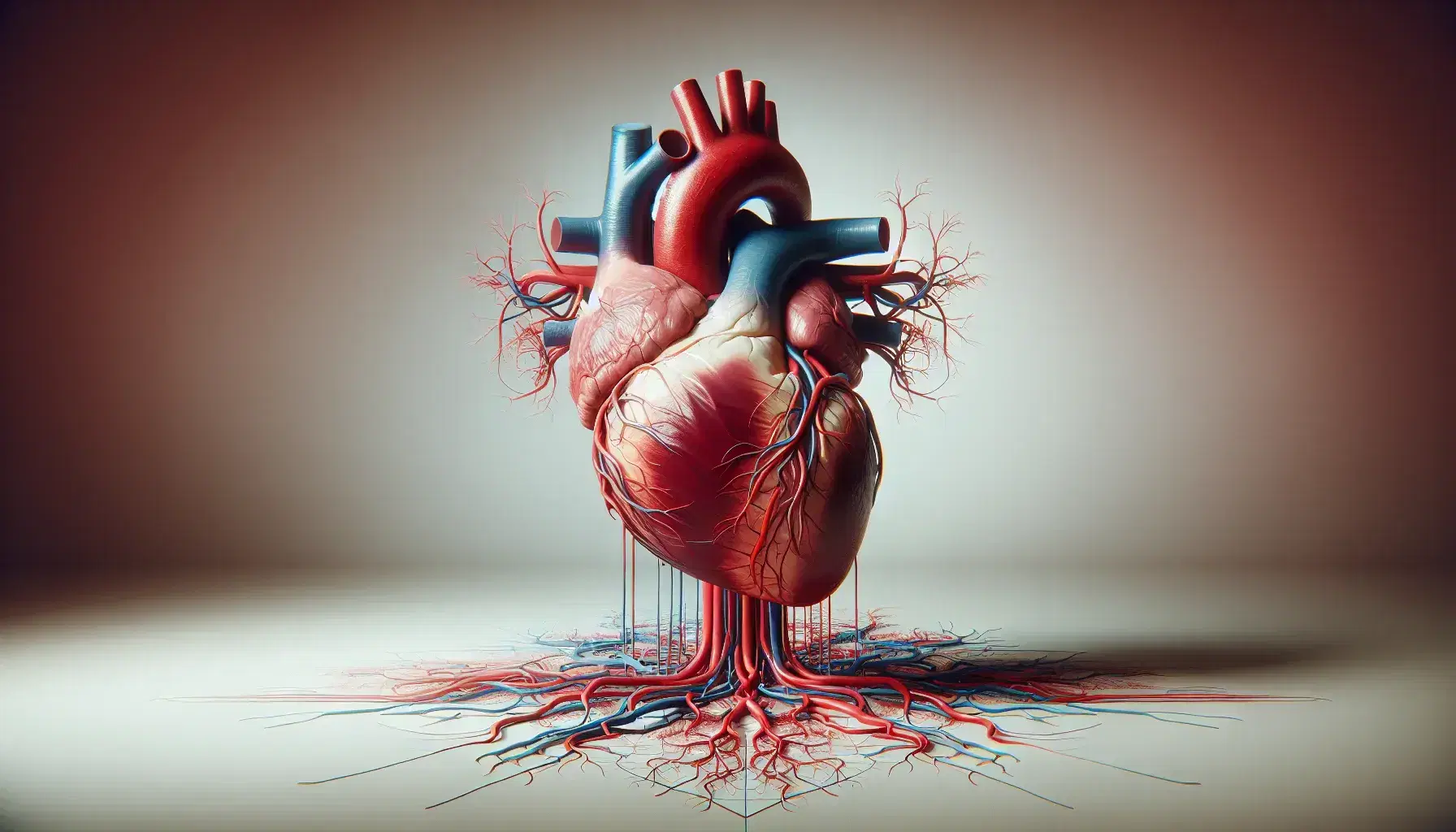 Cuore umano realistico al centro con rete di vasi sanguigni arterie e vene in evidenza su sfondo neutro, senza testo o simboli.