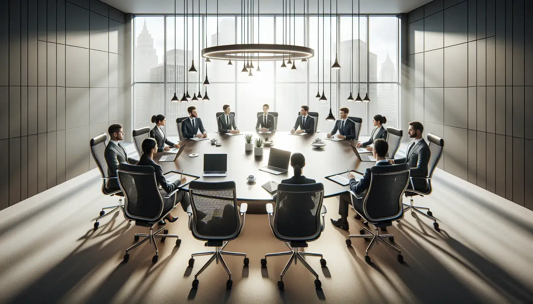 Diverse team in suits engaged in a meeting around a mahogany conference table with laptops and smartphones in a sunlit modern office.