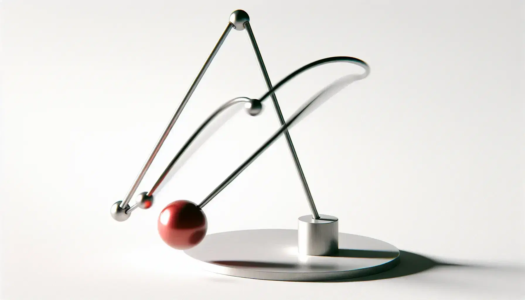 Three-dimensional chaotic double pendulum in motion, with metallic arms and a red bob against a white background, showcasing dynamic, unpredictable movement.