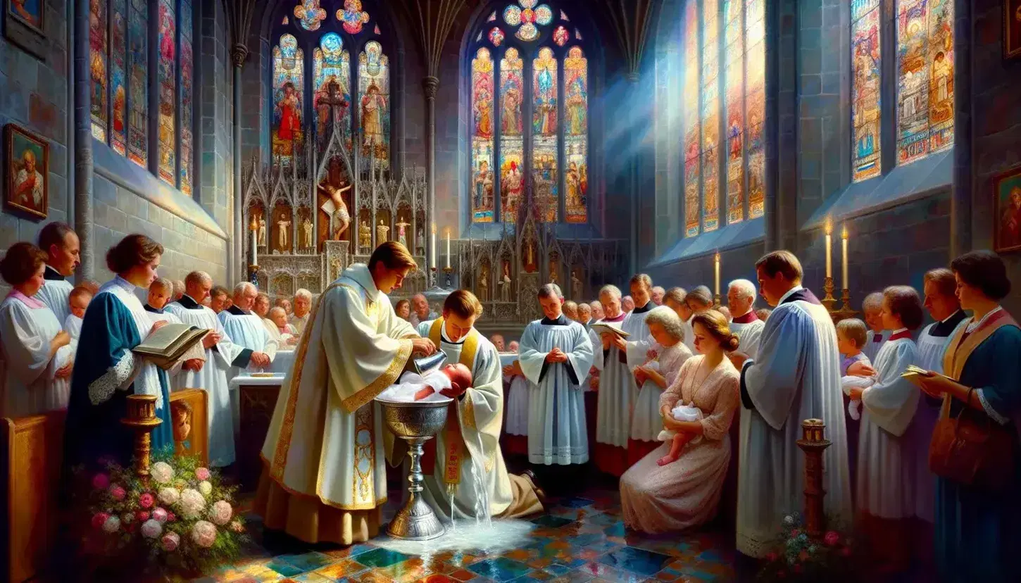 Battesimo neonato in chiesa con sacerdote, famiglia e vetrate colorate che riflettono la luce.