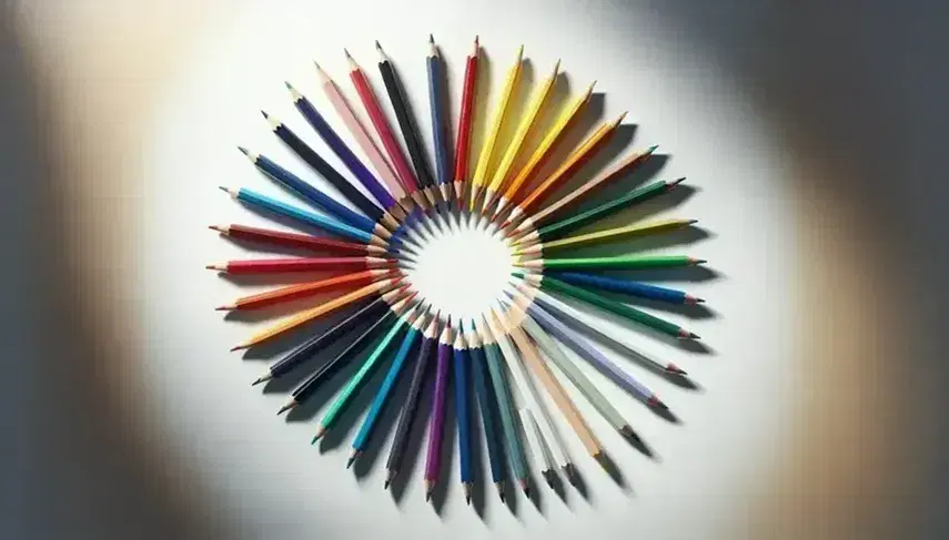 Matite colorate affilate disposte a cerchio con punte verso il centro su sfondo bianco, ombre leggere, varietà di colori.