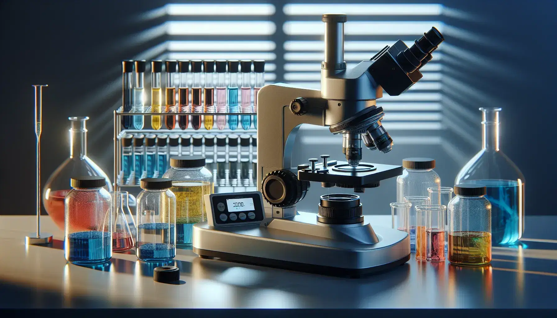 Laboratorio de farmacología con microscopio plateado, frascos con líquidos de colores y tubos de ensayo en gradiente, junto a balanza analítica digital.