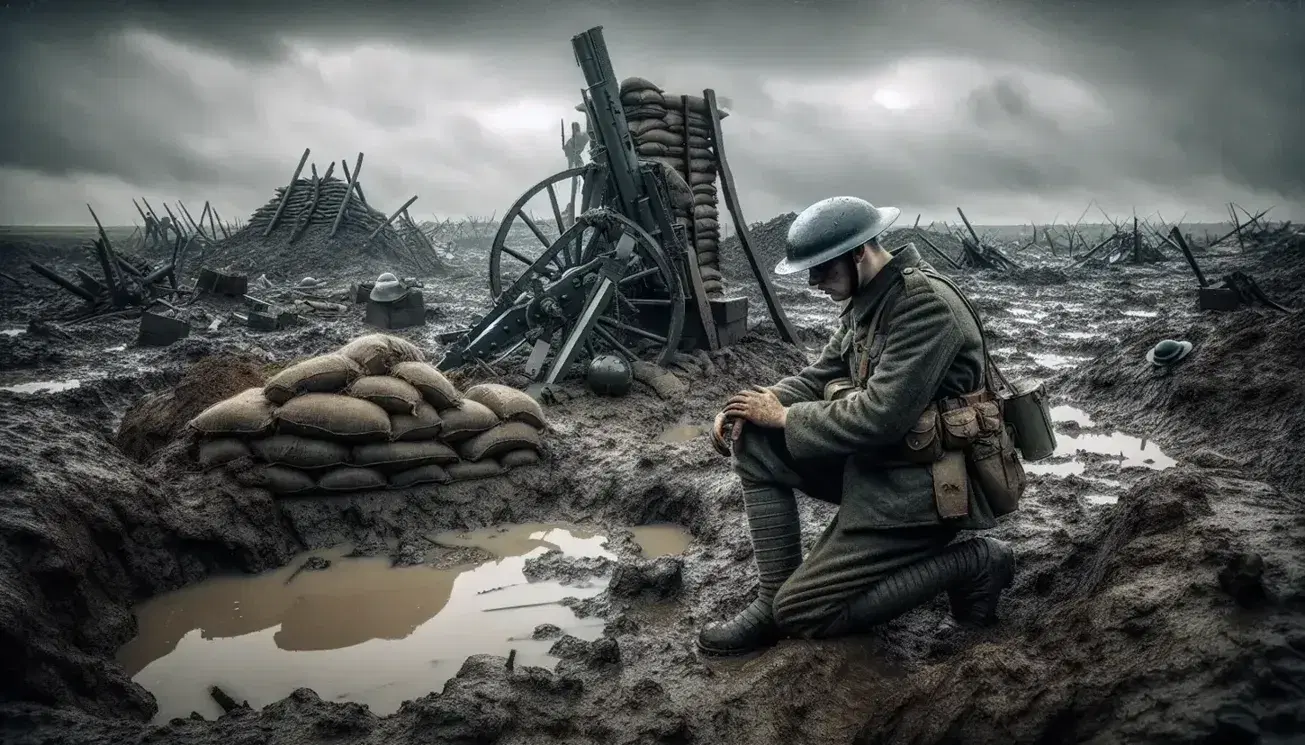 Soldato in ginocchio su campo di battaglia della Prima Guerra Mondiale, con terreno fangoso, crateri, artiglieria danneggiata e cielo grigio.