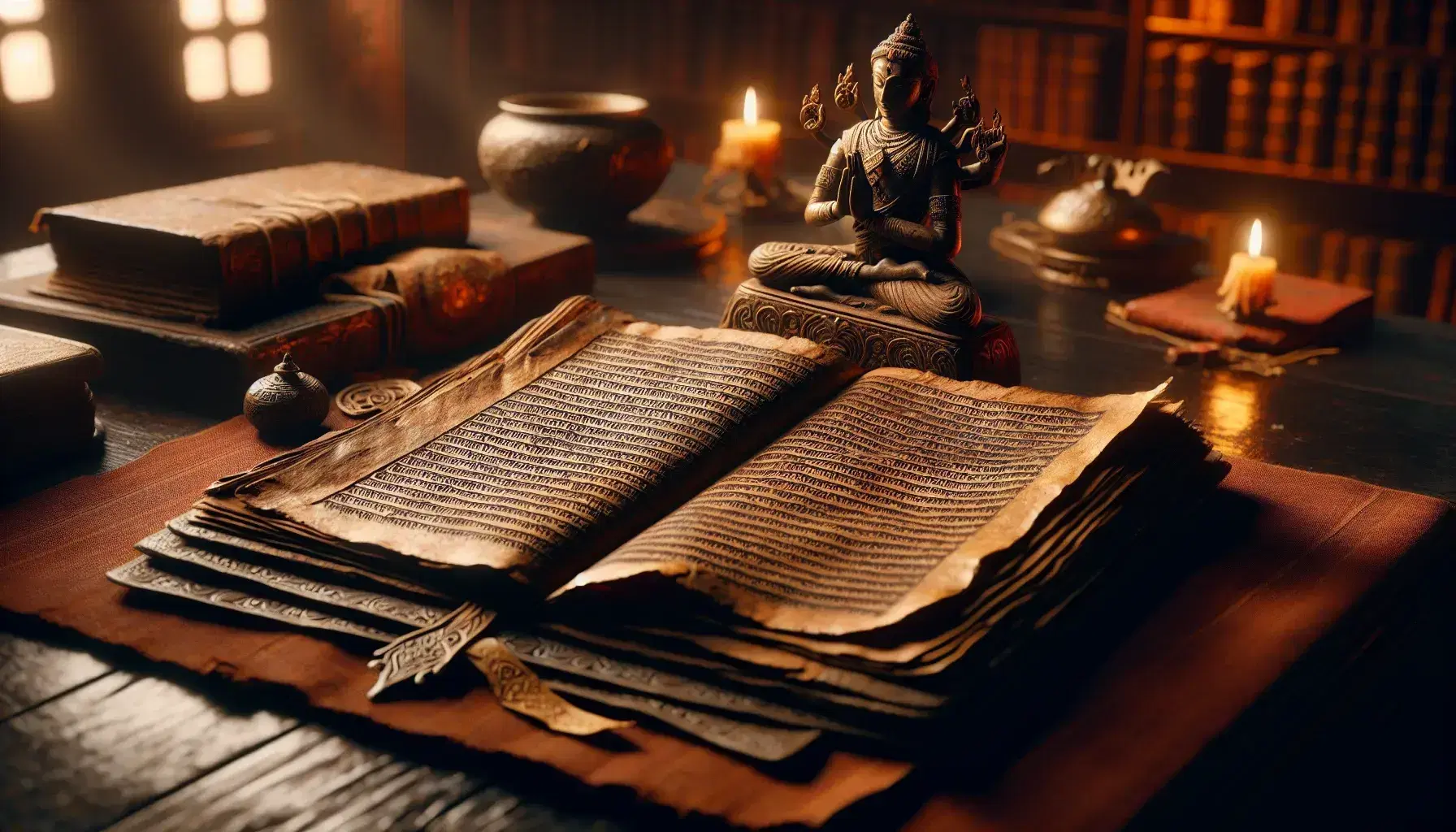 Manoscritto antico indiano su tavolo scuro con statuetta bronzea di divinità a quattro braccia, in ambiente intimo con sfondo sfocato di libreria.
