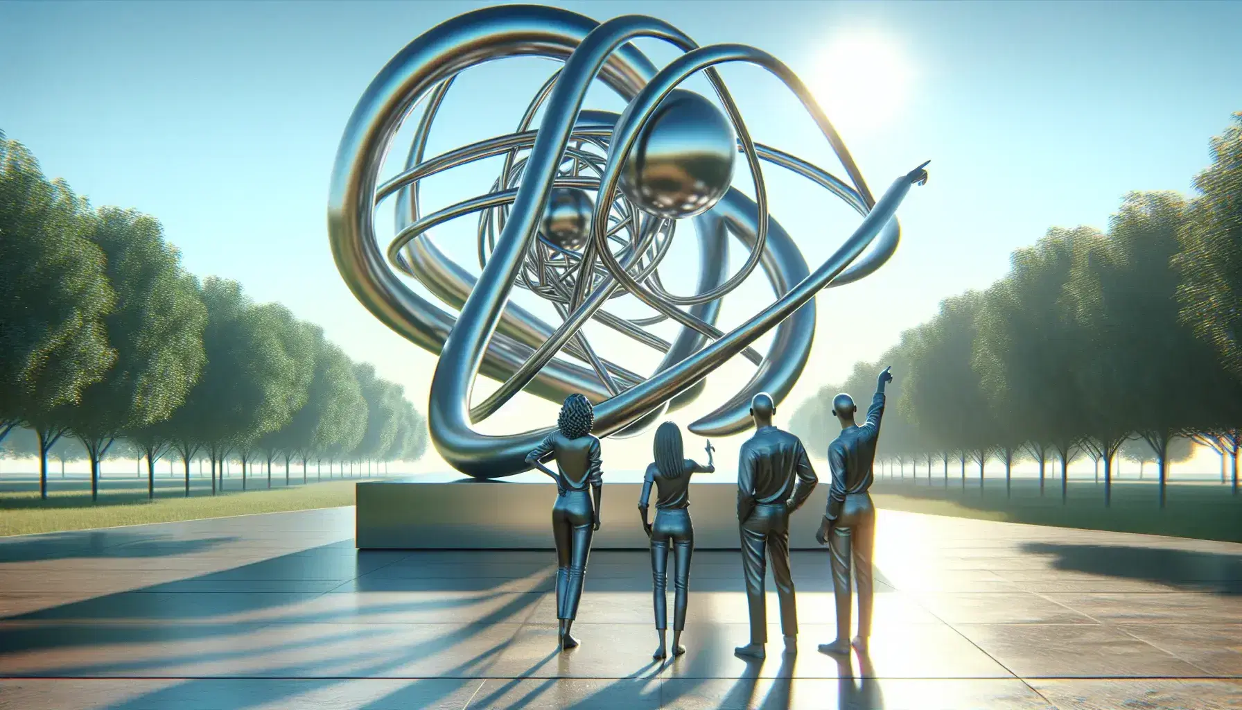 Grupo de tres personas observando atentamente algo fuera de escena en un parque, con una escultura metálica abstracta de formas geométricas a la izquierda y árboles al fondo bajo un cielo despejado.