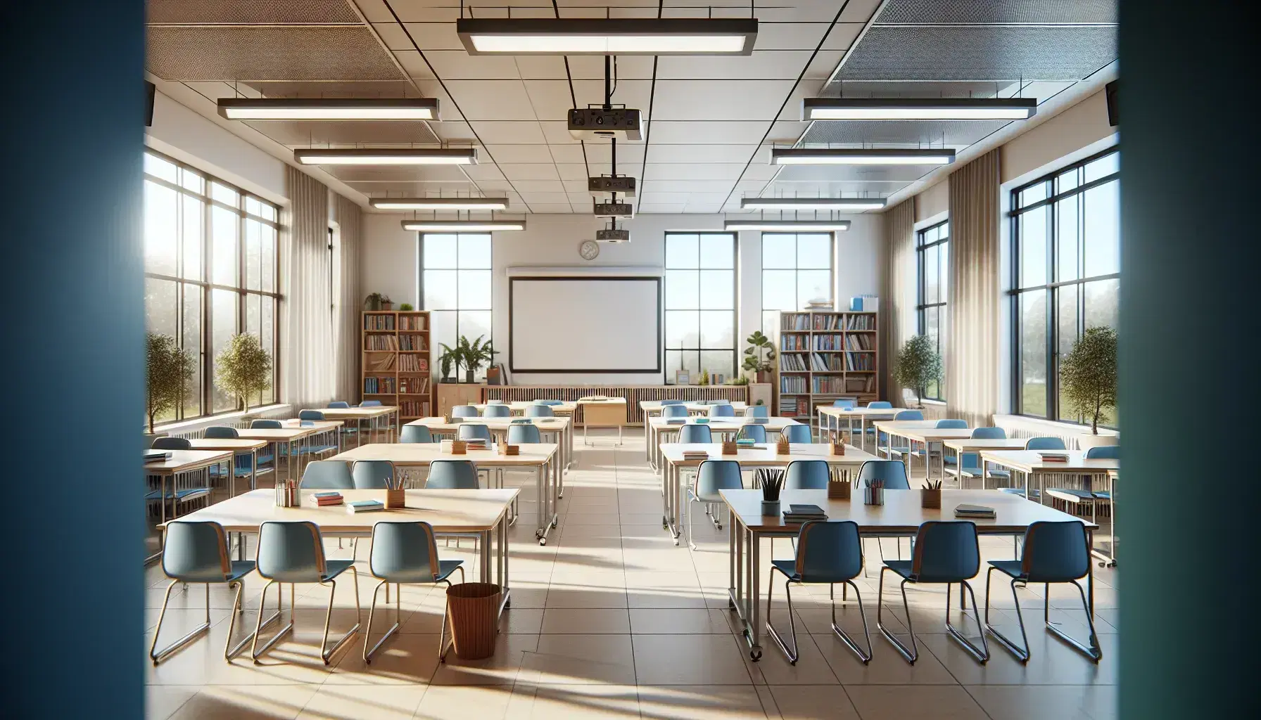 Aula escolar amplia y luminosa con mesas rectangulares, sillas azules, pizarra blanca al frente, estantería con libros y planta verde.