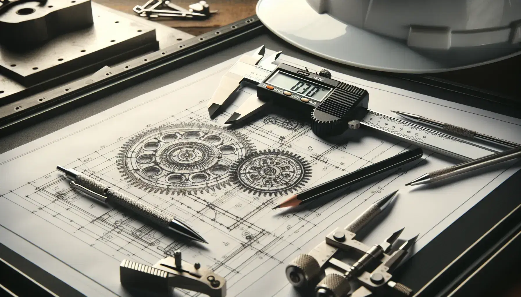 Tavola da disegno inclinata con foglio per disegno tecnico di meccanismo, calibro digitale, matita meccanica e compasso, casco da cantiere sullo sfondo.