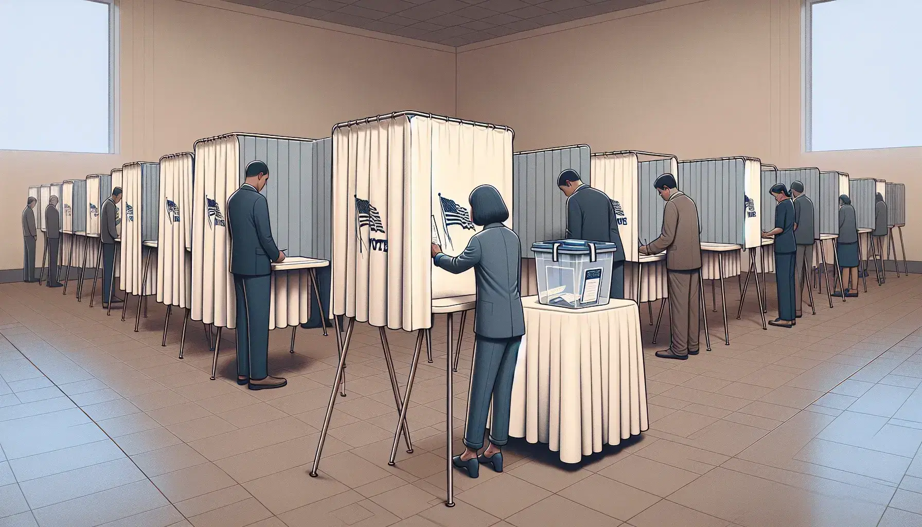 Voter placing ballot in clear box at a polling station with orderly lined-up voters waiting to use private voting booths.