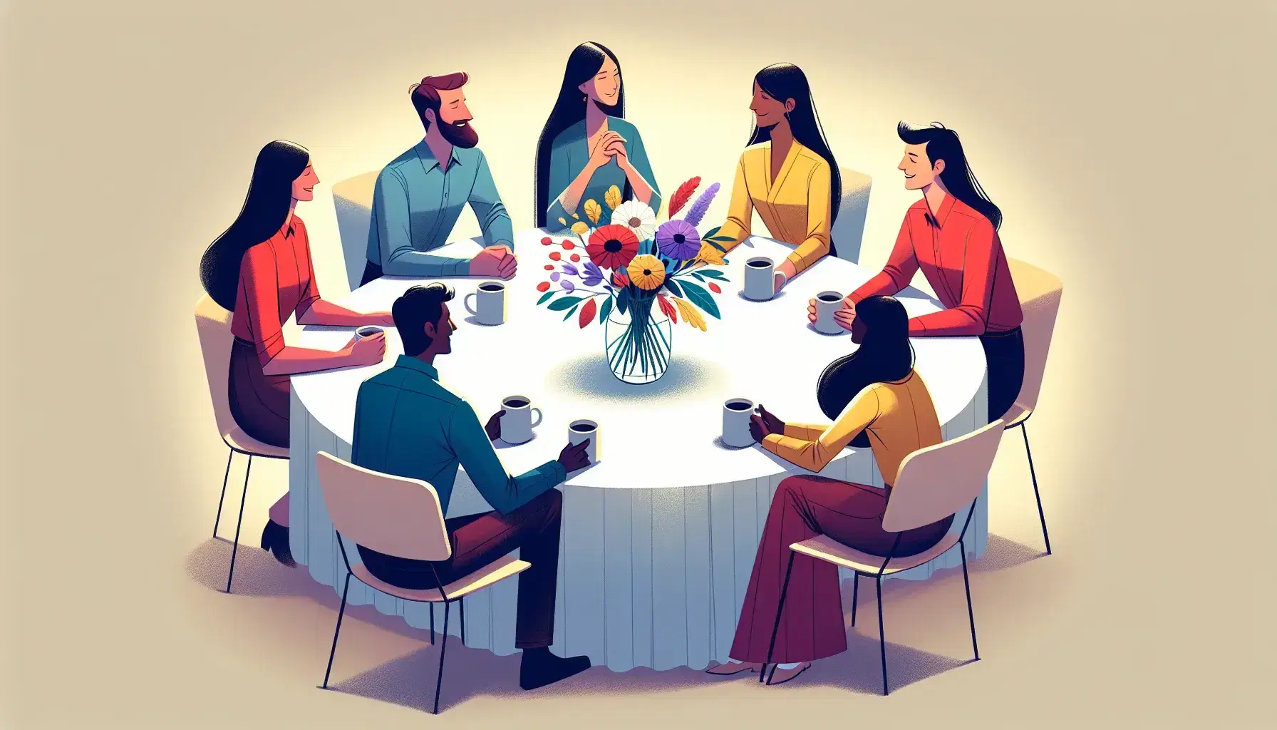 Multicultural meeting of six people, three women and three men, around a round table with coffee cups and a vase of colorful flowers.