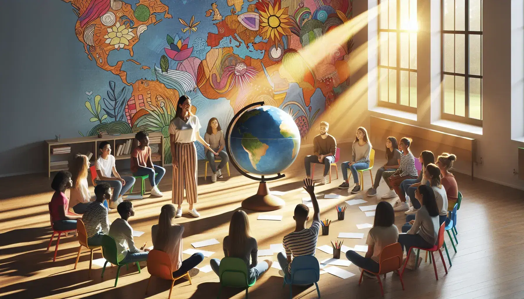 Gruppo multietnico di studenti seduti in cerchio su sedie colorate in aula luminosa, ascoltano un educatore vicino a un globo, con pareti decorate e materiali didattici a terra.