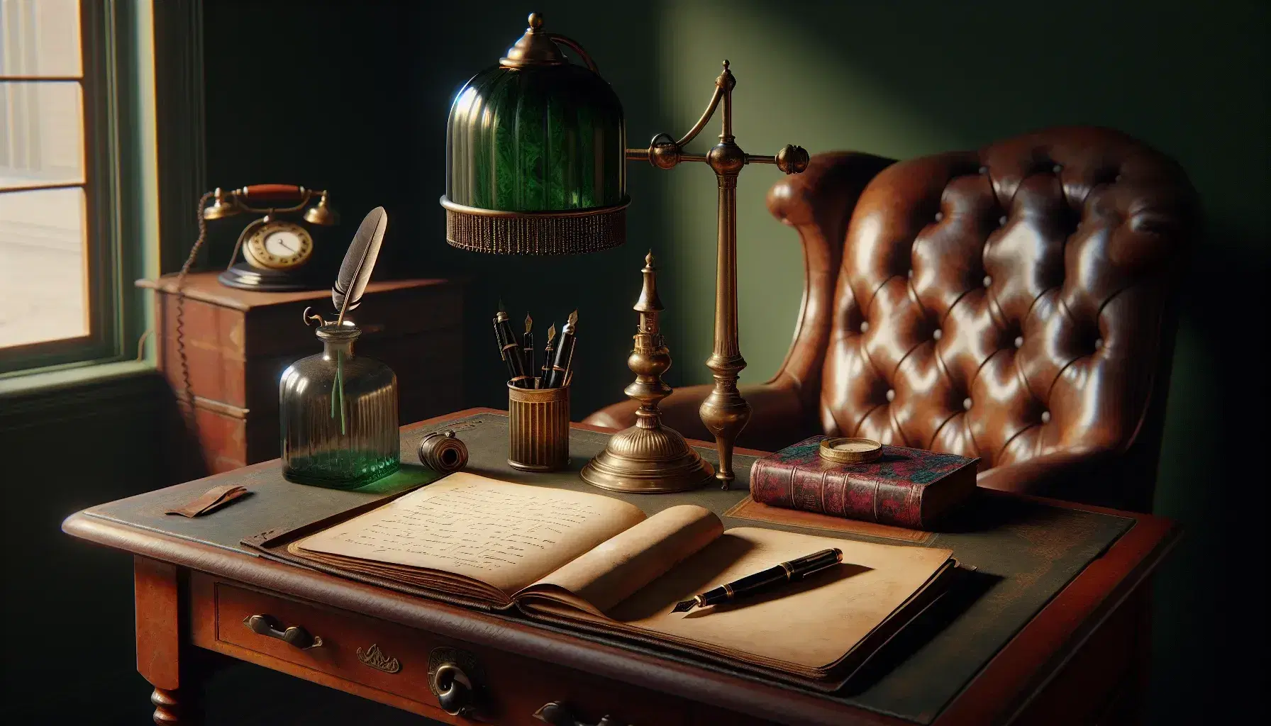 Vintage wooden desk with brass lamp, leather-bound notebook, fountain pens, hourglass, and Persian rug in a room with green walls and a leather armchair.