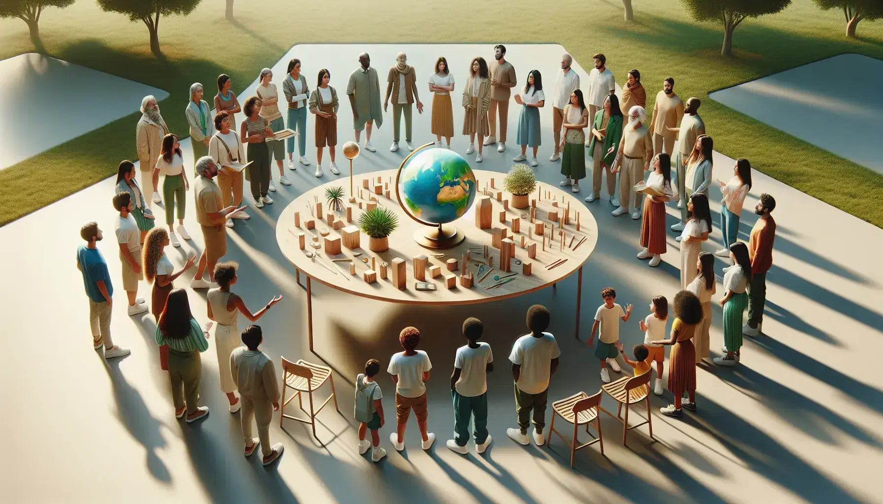 Grupo diverso conversando alrededor de una mesa con un globo, bloques de madera y una planta, en un parque soleado.