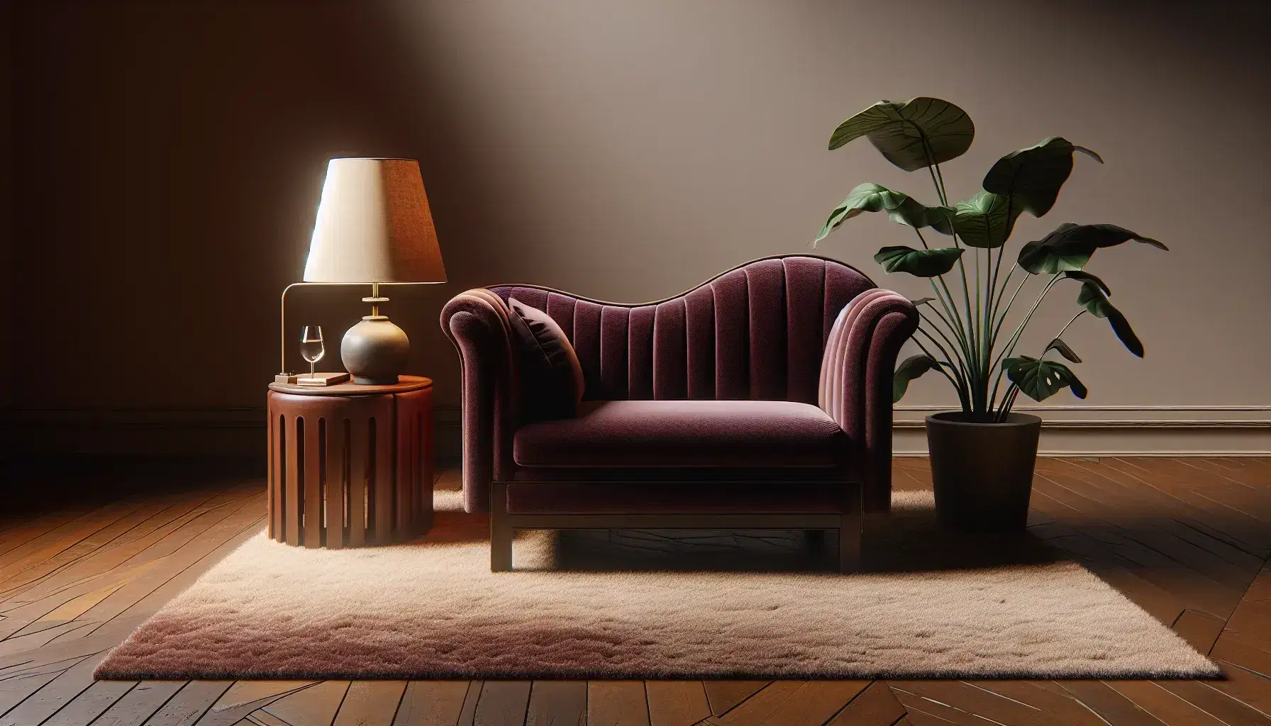 Serene therapeutic office with burgundy velvet psychoanalytic sofa, cream rug, mahogany coffee table, lamp and green plant.
